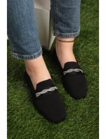 Triko Örgüi Taş Şeritli Kadın Loafer Ayakkabı-Siyah